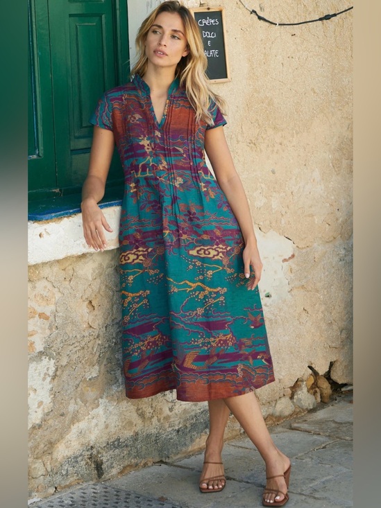 Peruvian Connection Dresses & Skirts - Peruvian Connection Floating World Linen Multicolor Printed Midi Dress, L